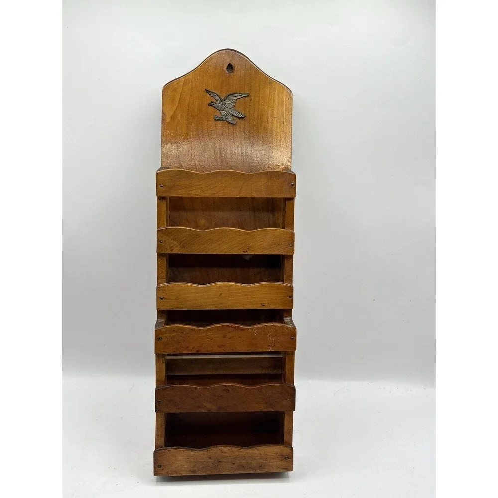 Vintage Colonial Hanging Wood Mail Holder Rack Eagle Accent Americana MCM Japan